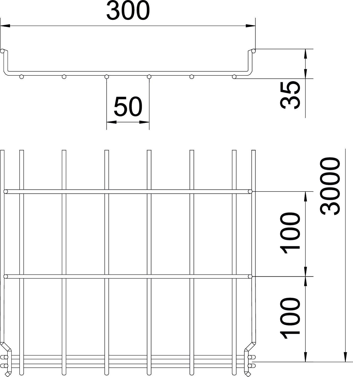 Technische Zeichnung eines rechteckigen Gitterrostes mit den Maßen: Breite 300 mm, Höhe 35 mm, Gitterstäbe in Abständen von 100 mm.