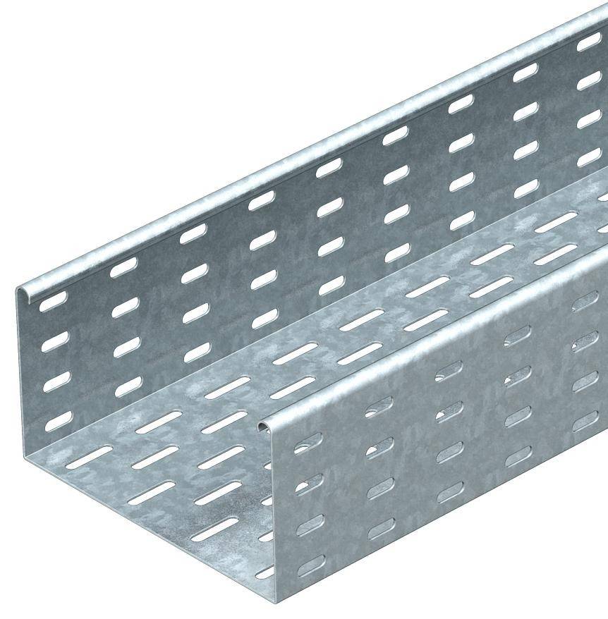 Metallische Kabelrinne mit perforierten Seiten und Boden, dient zur Unterstützung und Organisation von Kabeln in einem Installationssystem.