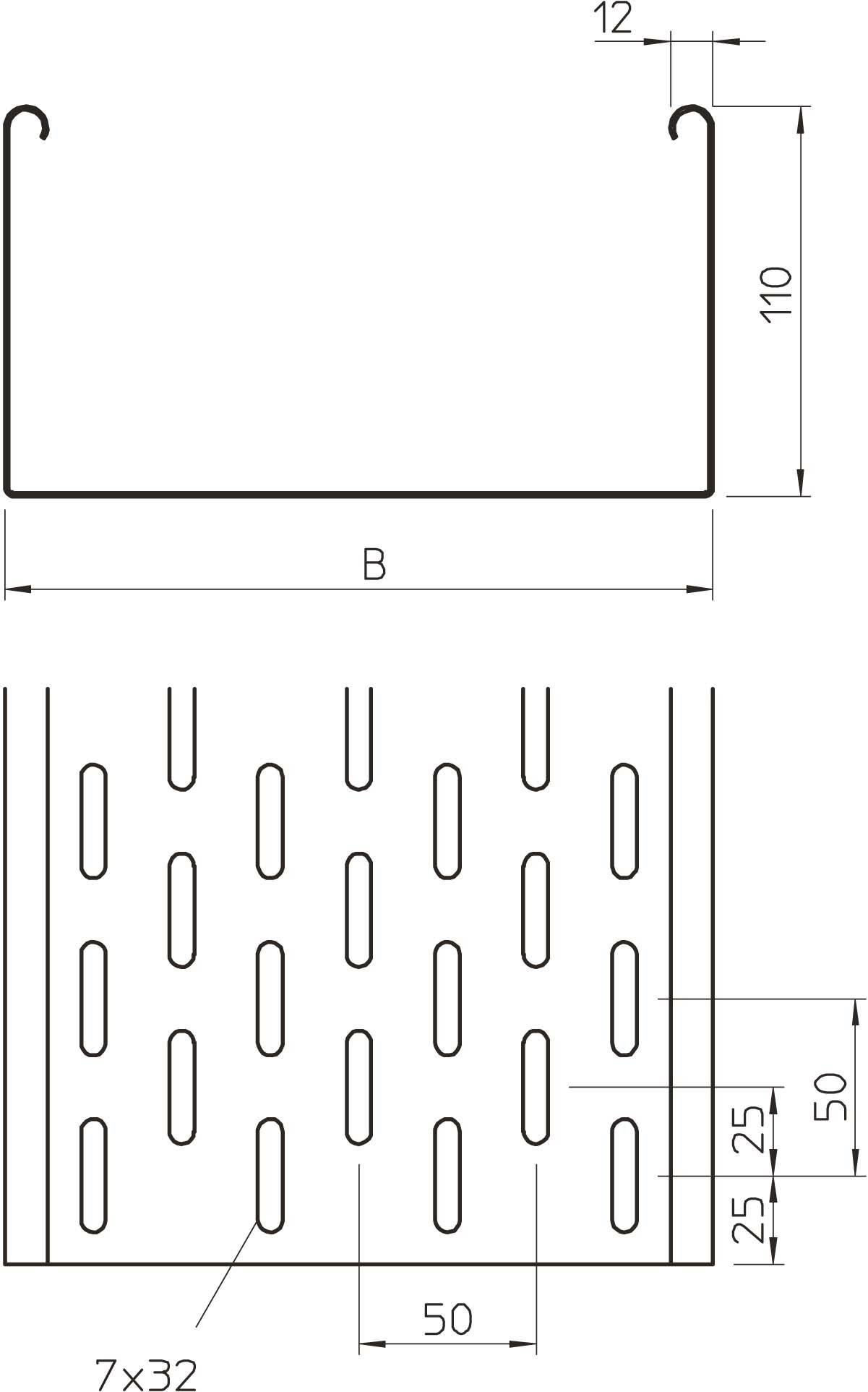 Technische Zeichnung eines rechteckigen Metallprofils mit gelochter Fläche. Maße: Höhe 110 mm, Breite variabel (B), Schlitzabstände 50 mm.