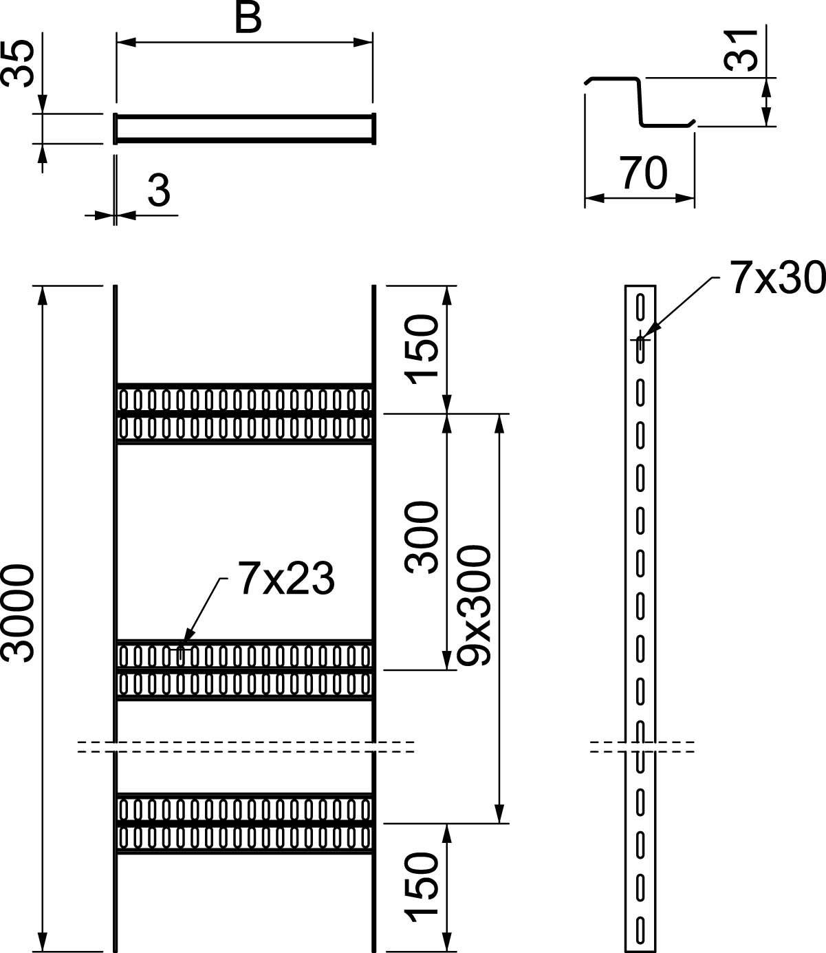 Technische Zeichnung eines Stahlträgers mit genauen Maßen: Breite 70 mm, Höhe 31 mm, Länge 3000 mm, Lochmuster 7x23 und 9x30.