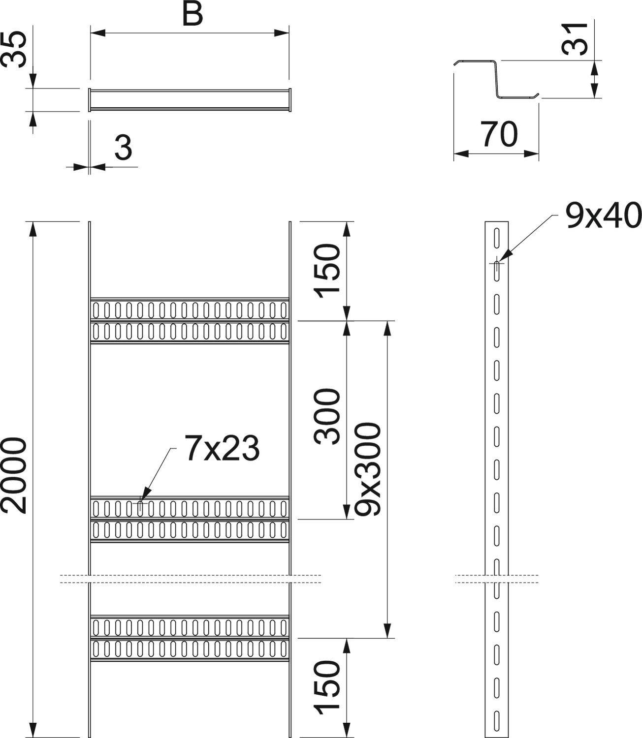 Ein technisches Diagramm zeigt das Design eines Regals mit Maßen in Millimetern: Höhe 2000, Breite B, Tiefe 35, Fachbödenabstand 300.