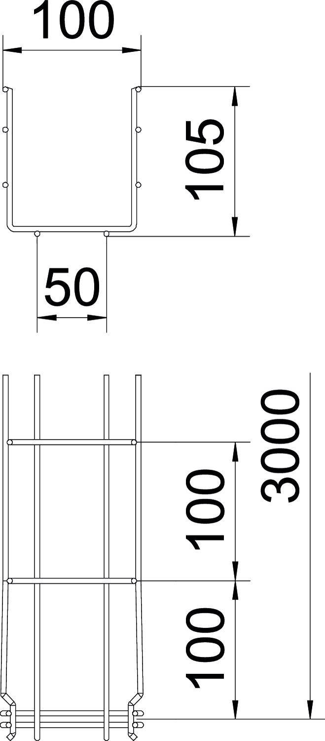 Technische Zeichnung: Querschnitt zeigt ein rechteckiges Bauteil mit Maßen 100, 105, und 50 mm. Längsansicht von 3000 mm mit Röhren.