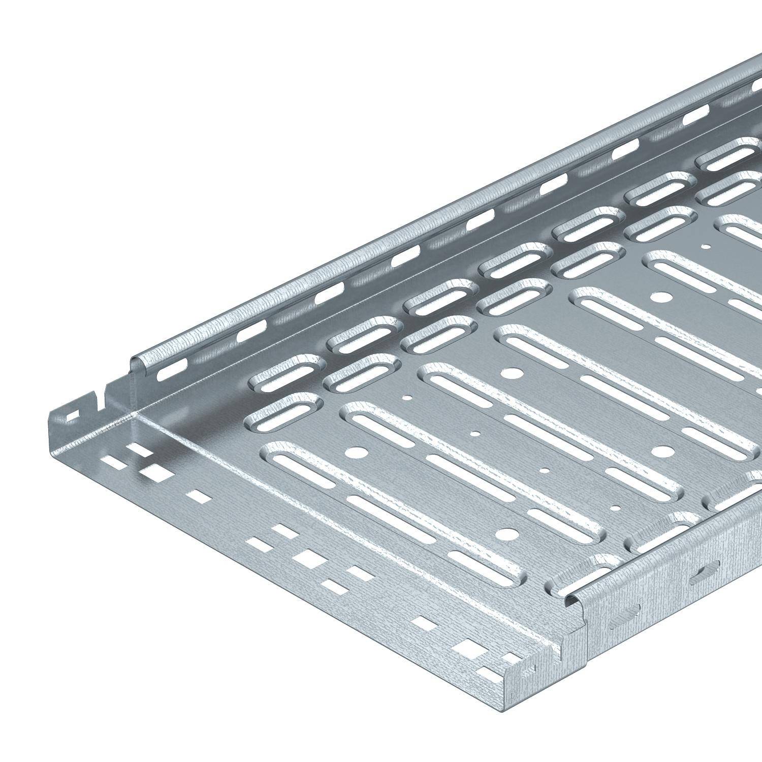 Ein silbernes Kabeltragsystem aus Metall mit Schlitzen für Kabelmanagement in der Industrie.