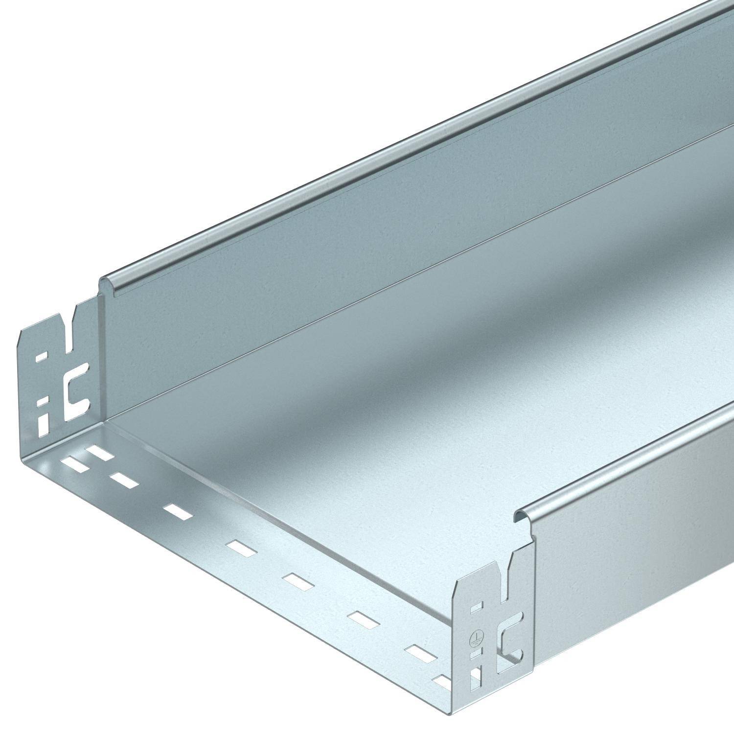 Metallschienenkanal mit seitlichen Löchern und erhöhter Kante, für elektrische Kabelorganisation und Schutz.