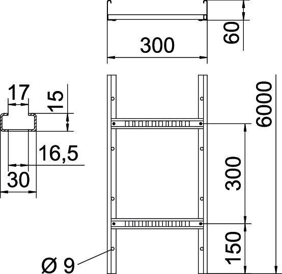 Technische Zeichnung eines Regals mit den Maßen: Höhe 6000 mm, Breite 300 mm, Tiefe 60 mm, Abstand zwischen Böden 300 mm.