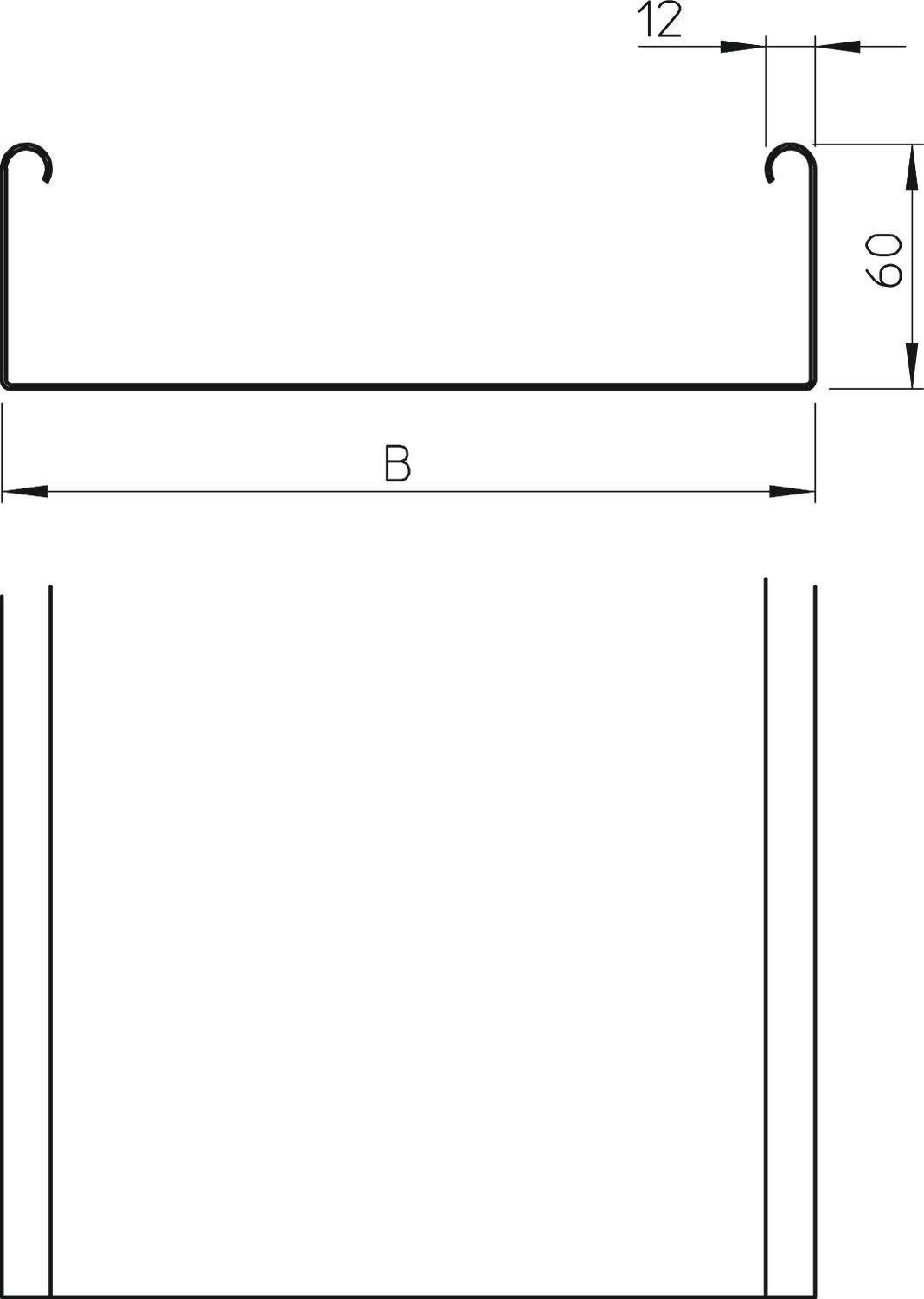 Technische Zeichnung einer Querschnittansicht mit Maßen: Breite 'B', Höhe '60', seitlicher Überhang '12'.