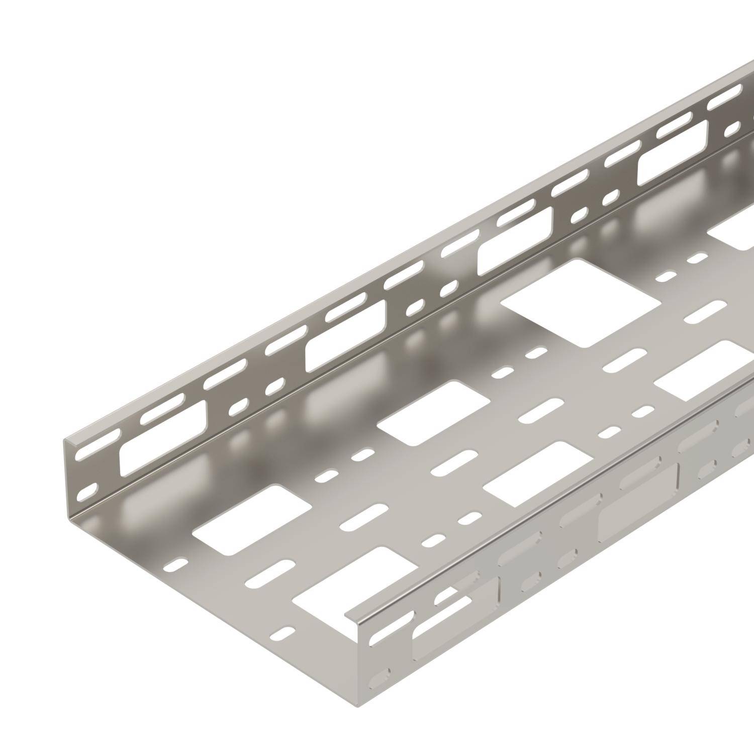Metallkabelrinne aus Aluminium mit rechteckigen Öffnungen an den Seiten zur Kabelorganisation.