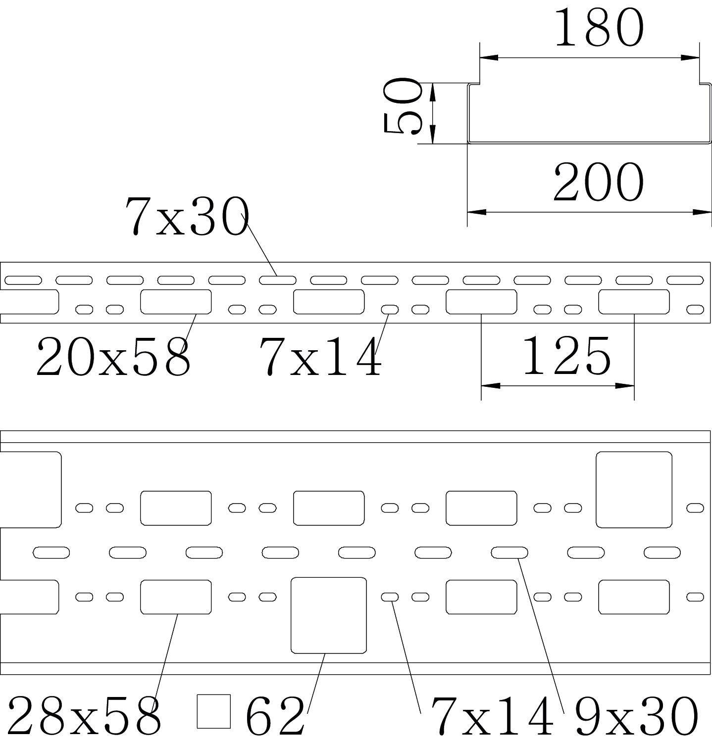 Technische Zeichnung eines Metallträgers mit Maßen: Breite 200 mm, Höhe 50 mm, diverse Lochgrößen 7x14, 20x58, 7x30 mm.