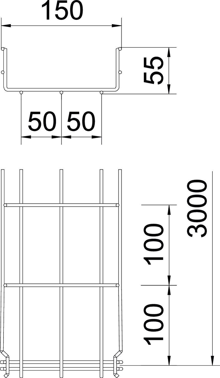 Technische Zeichnung eines Stahlgerüsts: Oben zeigt ein Querschnitt Maße von 150x55 mm; unten zeigt eine Frontansicht mit einer Höhe von 3000 mm.
