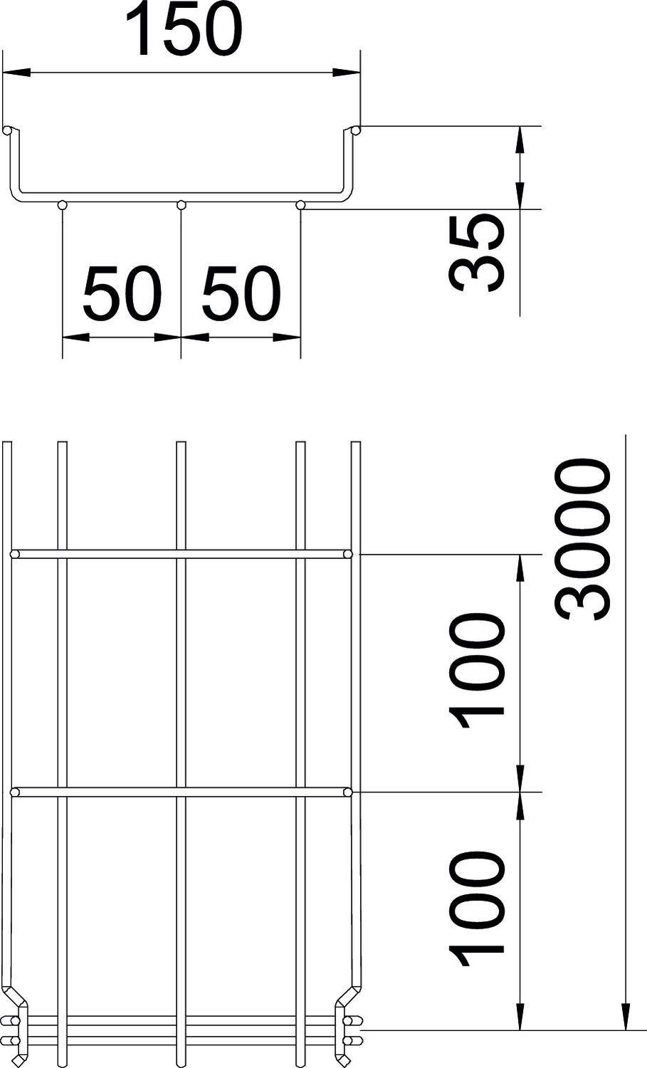 Technische Zeichnung eines Gitters. Oben: U-förmig, Breite 150 mm, Höhe 35 mm, Zwischenräume 50 mm. Unten: Vertikal, Höhe 3000 mm mit 100 mm Abständen.
