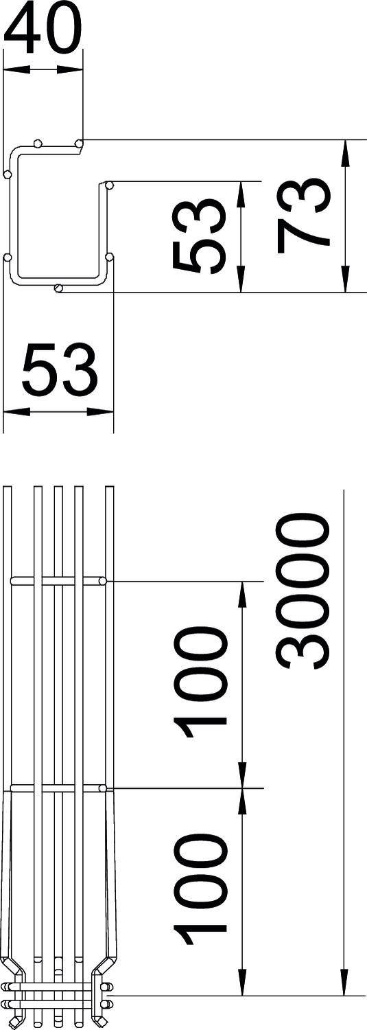 Technische Zeichnung eines Metallprofils mit Maßen: Breite 53 mm, Höhe 73 mm, und Länge des Profils 3000 mm. Queransicht zeigt eine Breite von 40 mm.