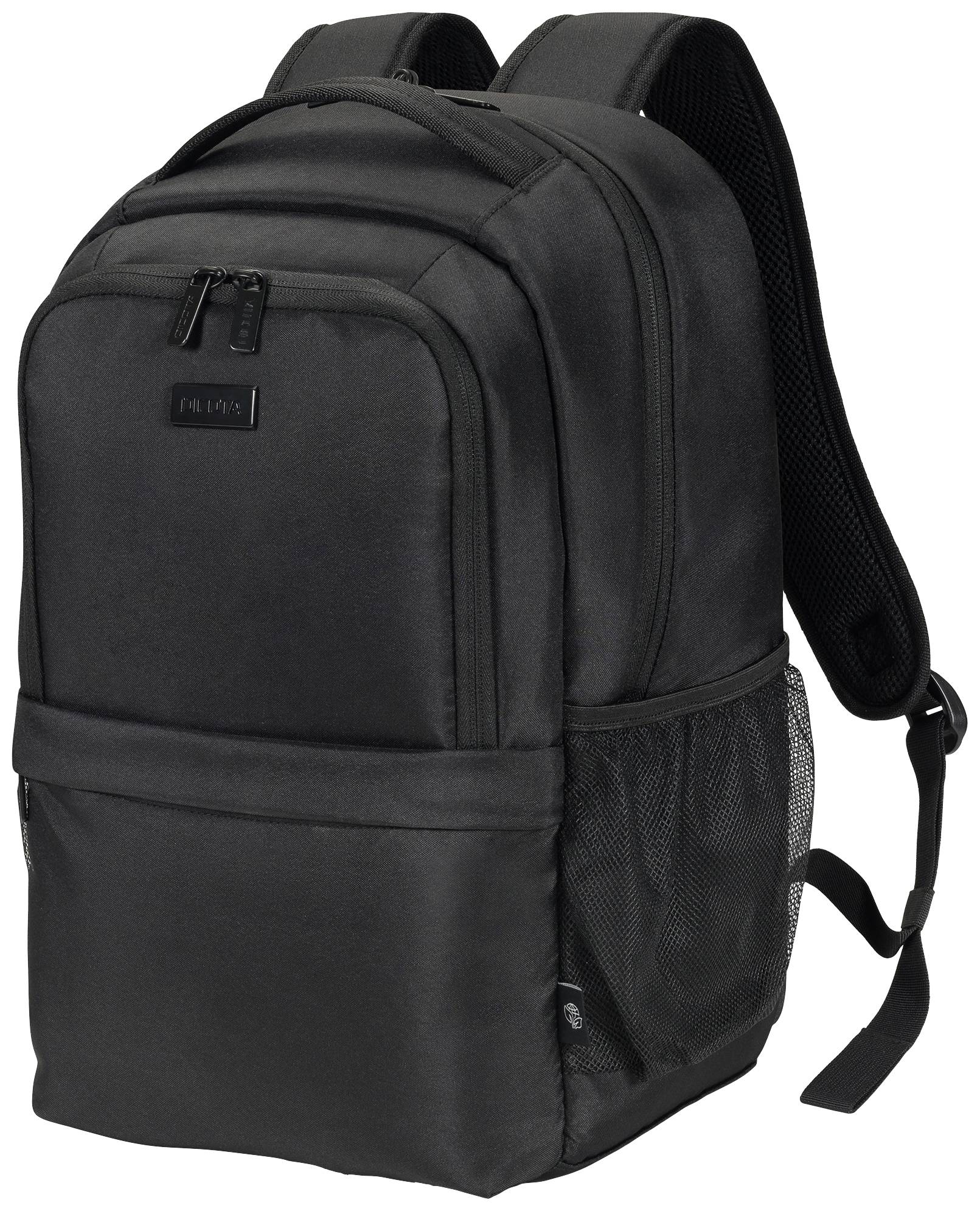 Schwarzer Rucksack mit mehreren Fächern und seitlichen Netztaschen, geeignet für Reisen oder Schule.