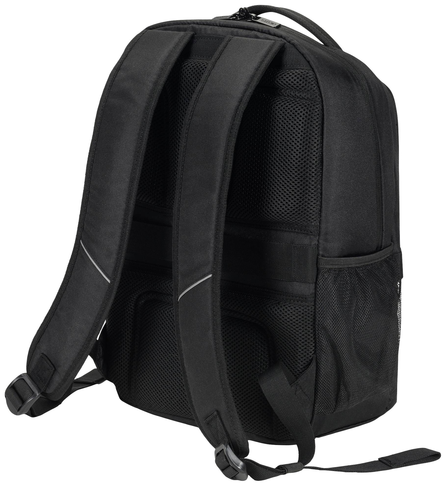 Ein schwarzer Rucksack mit gepolsterten Schultergurten und Netz-Seitentasche, stehend aufrecht, Ansicht von hinten.