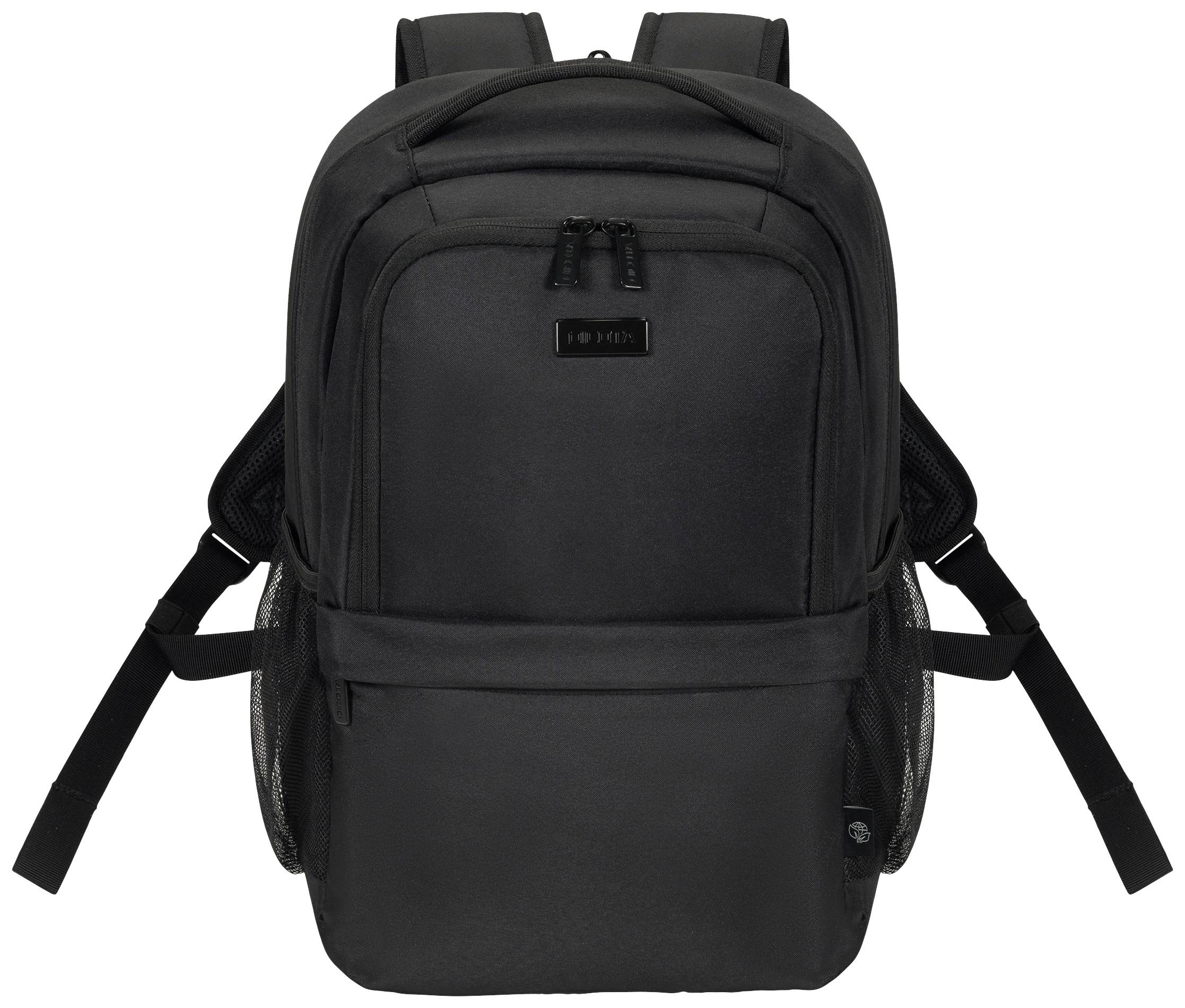 Ein schlichter, schwarzer Rucksack mit mehreren Fächern und seitlichen Netztaschen.