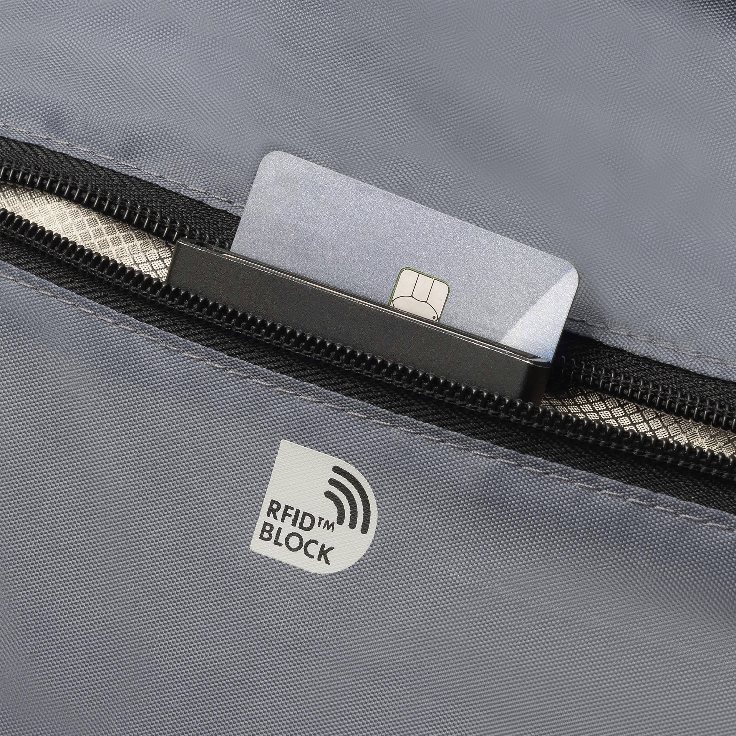 Kreditkarte in grauer Tasche mit RFID-Block-Logo, zeigt Schutz vor unbefugtem Auslesen.