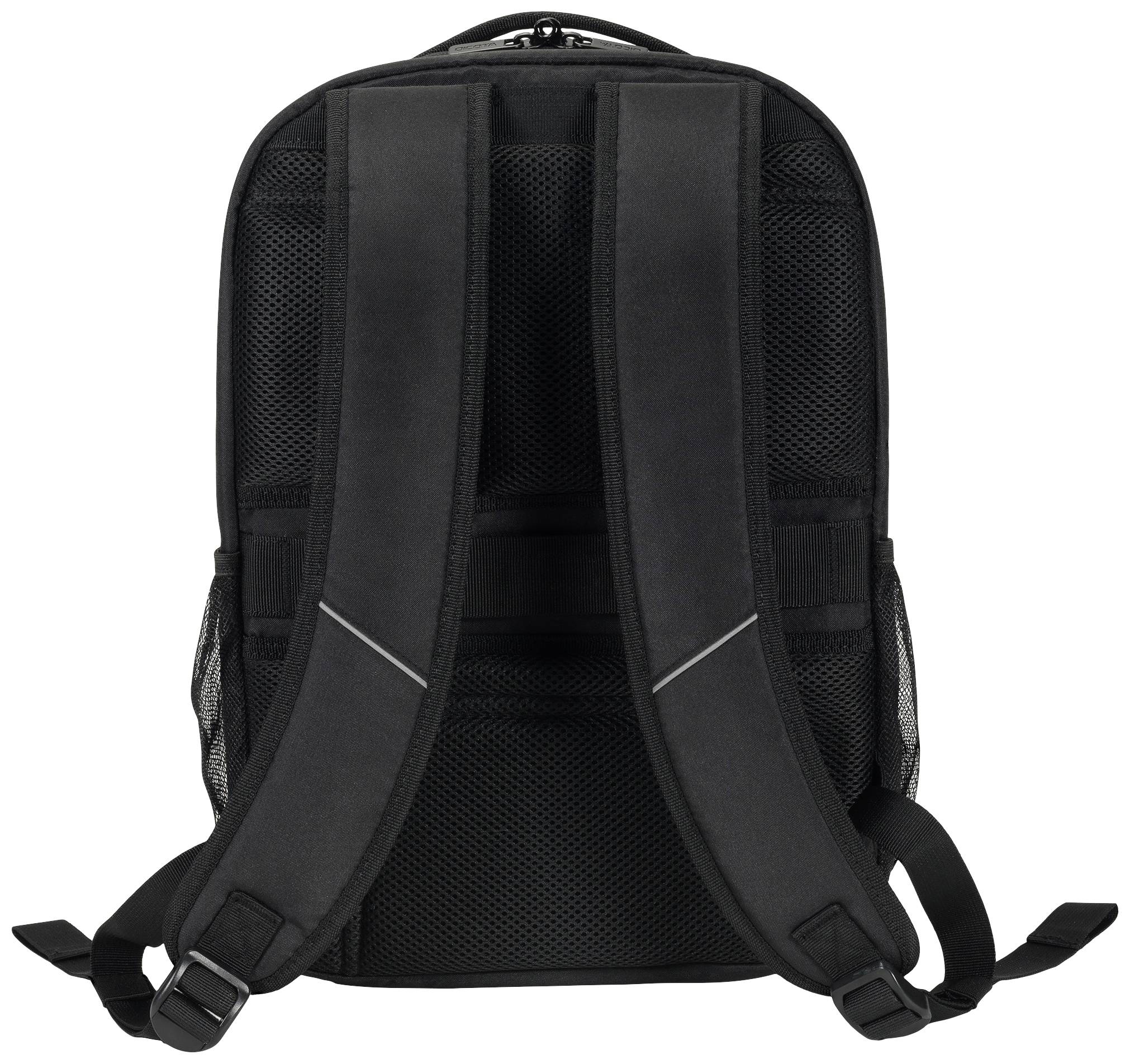 Schwarzer Rucksack, Rückansicht, mit verstellbaren Schultergurten und Netzseitentaschen.