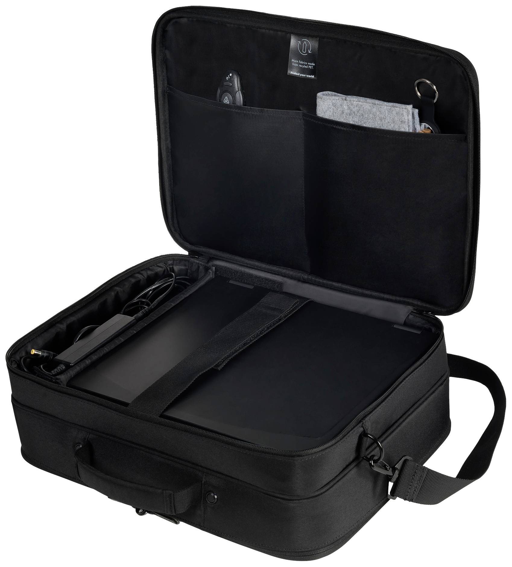 Eine offene schwarze Laptoptasche zeigt ein Notebook, Kabel, und Zubehörfächer im Inneren. Sie hat einen Tragegriff und Schulterriemen.