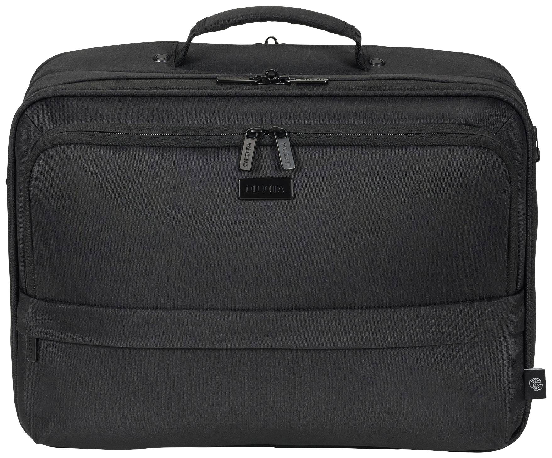 Schwarze Laptop-Tasche mit Tragegriff, zwei Reißverschlussfächern und dezentem Logo in der Mitte. Ideal für den Transport von Elektronik.