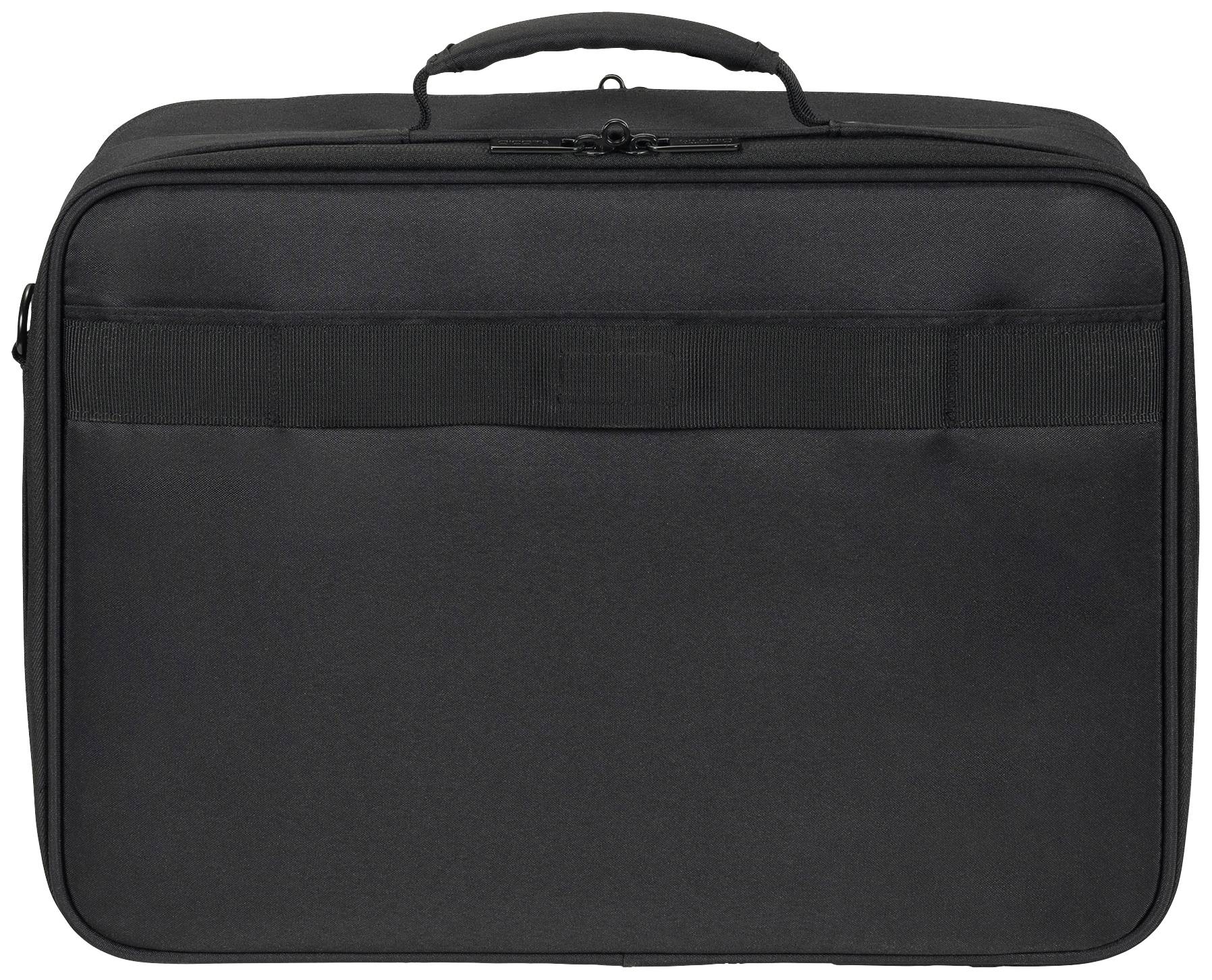 Schwarzer, rechteckiger Koffer mit Tragegriff, geschlossen.