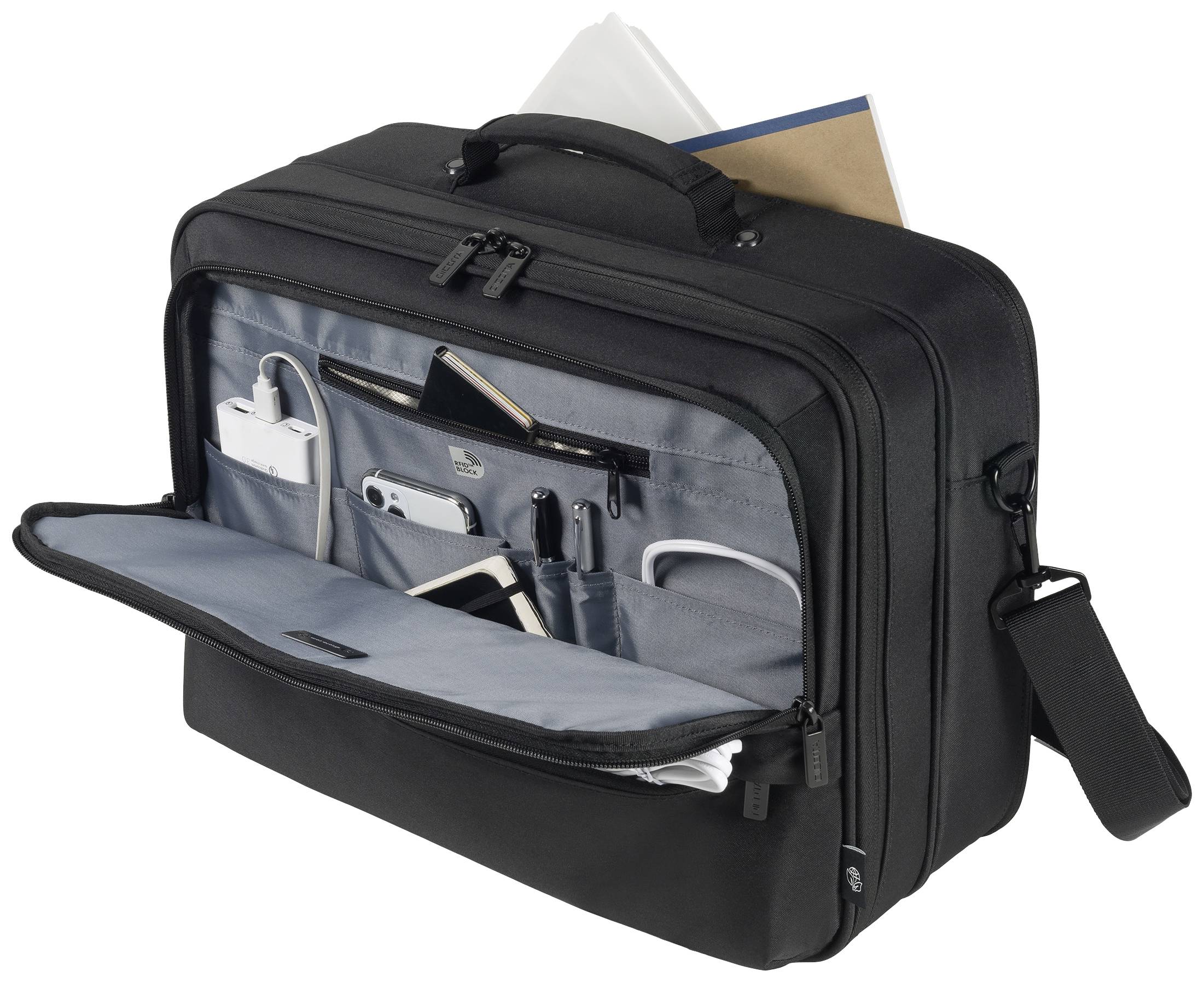 Eine geöffnete schwarze Laptoptasche mit Fächern für Handy, Kugelschreiber und Ladegerät. Dokumente ragen oben heraus.