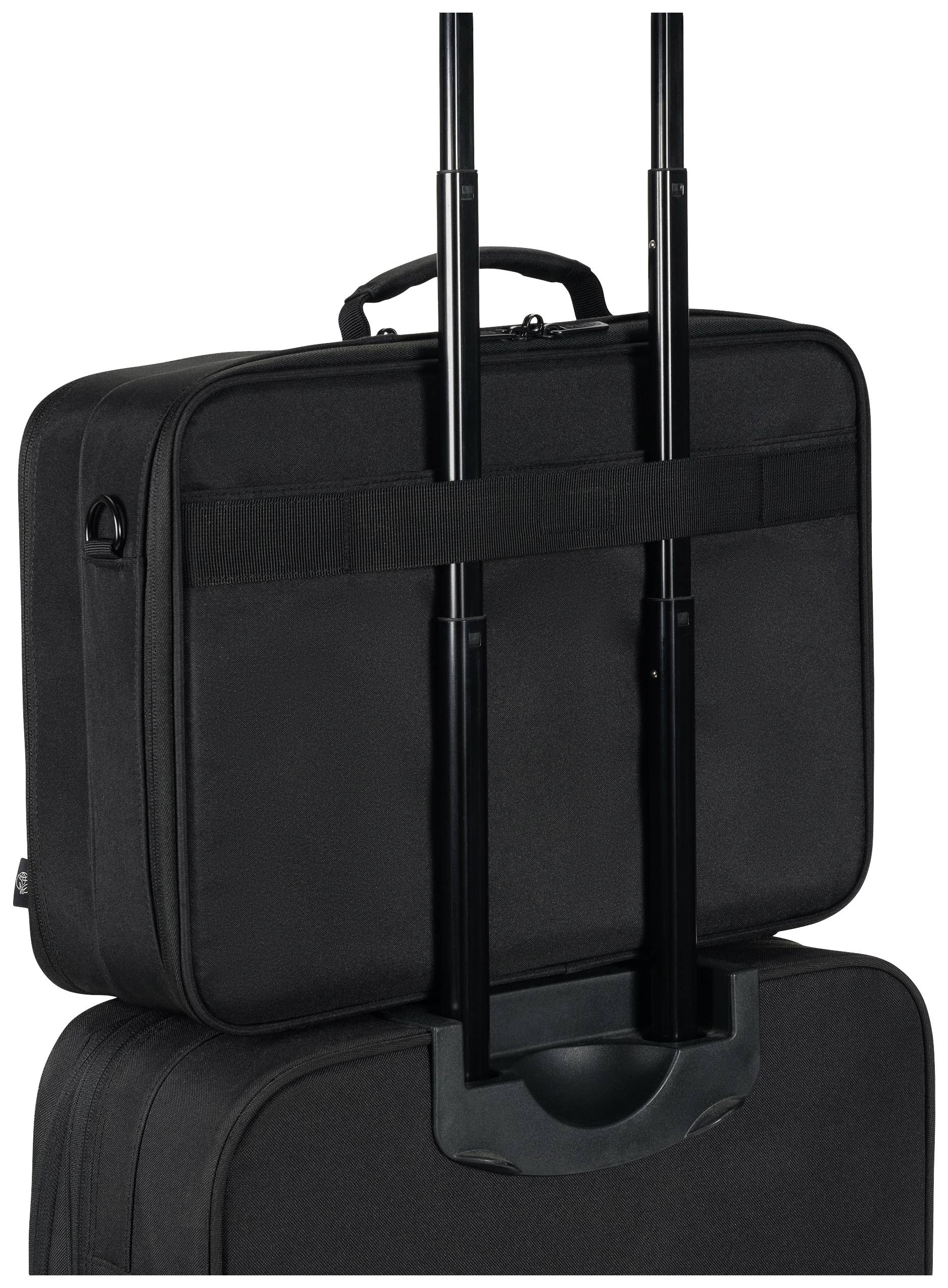 Eine schwarze Aktentasche mit einer Lasche, die über den Griff eines Rollkoffers geschoben wird, zeigt eine praktische Transportlösung.