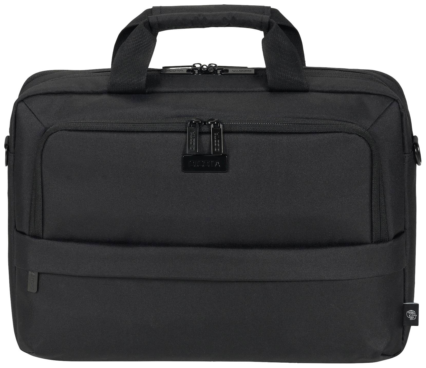 Schwarze Laptoptasche mit zwei Reißverschlüssen und einem Tragegriff oben. Geeignet für den Transport und Schutz eines Laptops.