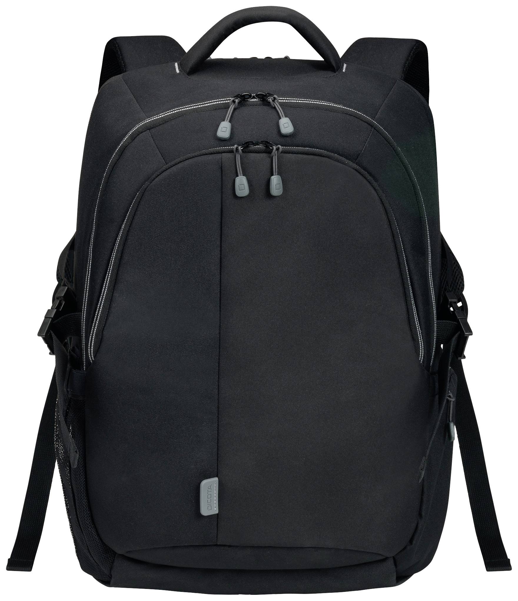 Schwarzer Rucksack mit mehreren Reißverschlusstaschen und verstellbaren Schultergurten, geeignet für Arbeit oder Reisen.