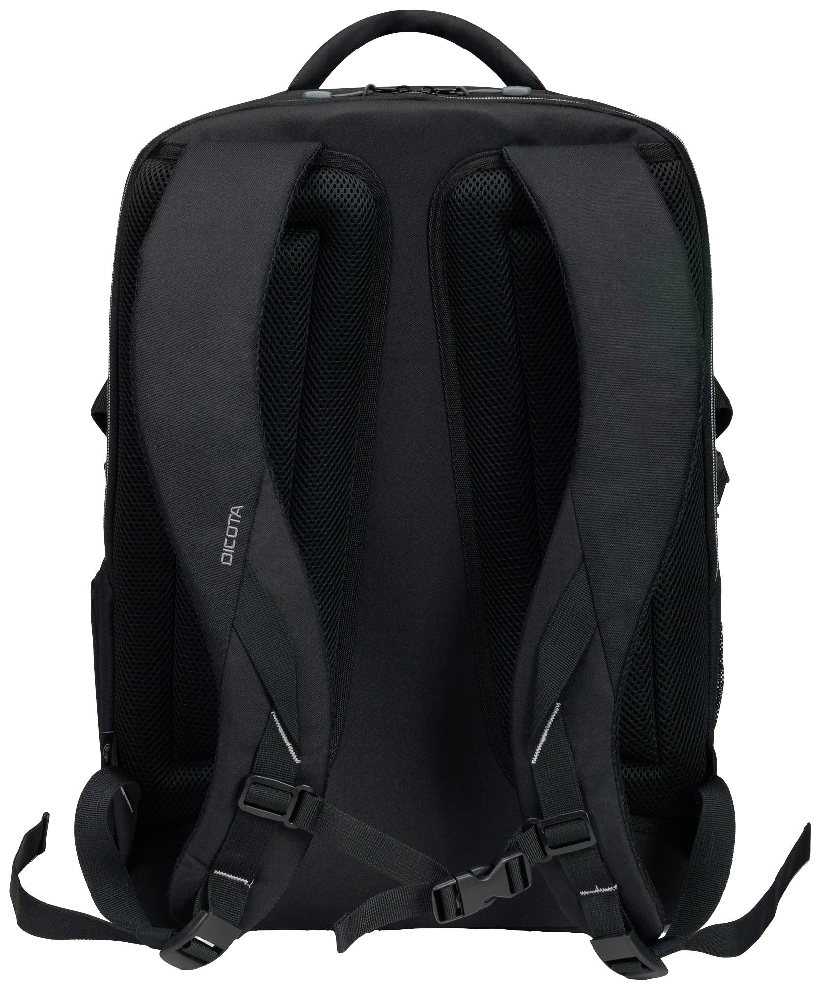 Schwarzer Rucksack von hinten, zeigt gepolsterte Schultergurte und Rücenpolsterung, geeignet für den täglichen Gebrauch oder Reisen.