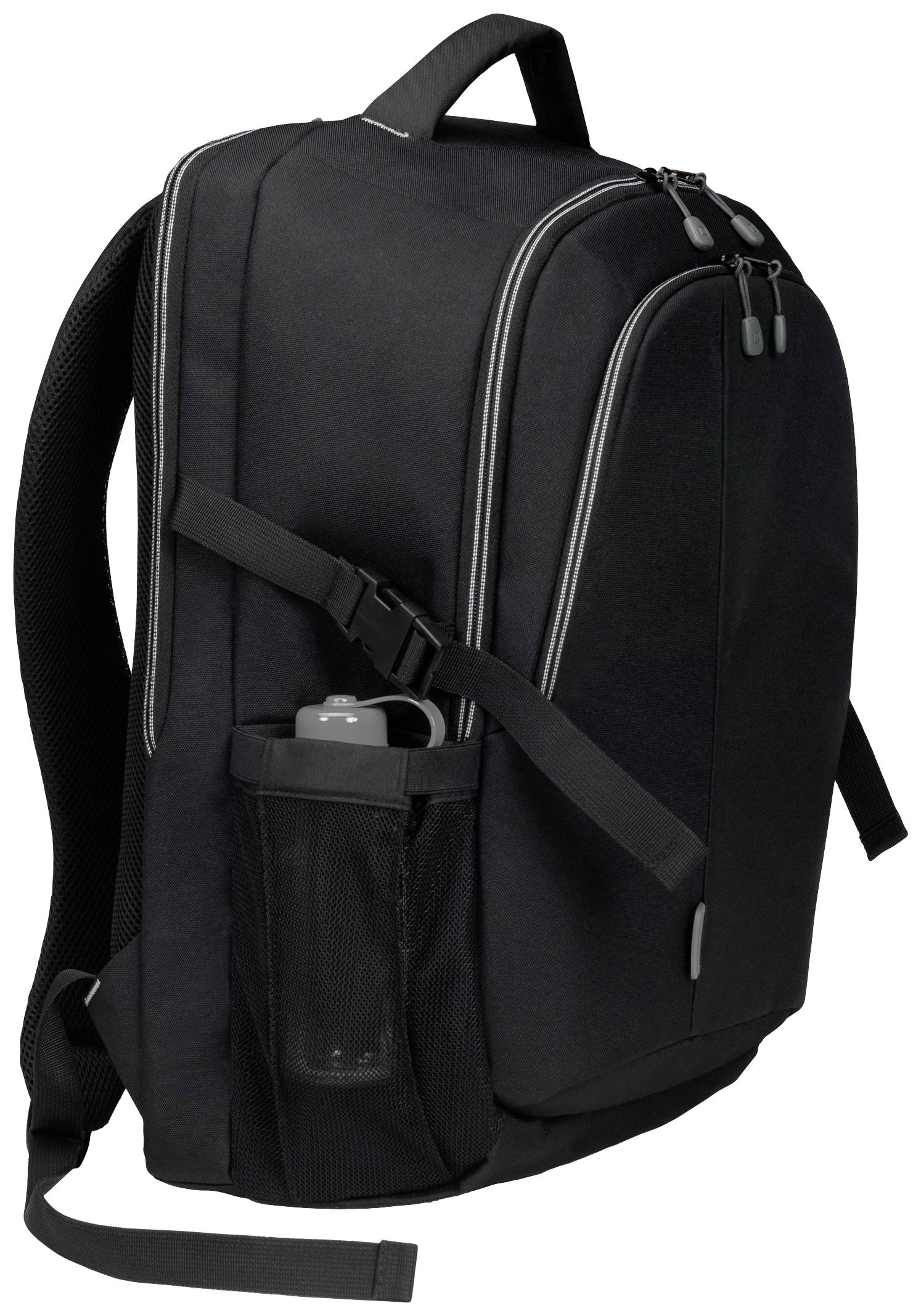 Schwarzer Rucksack mit mehreren Reißverschlusstaschen und einem seitlichen Mesh-Fach für eine Wasserflasche, aufrecht stehend.