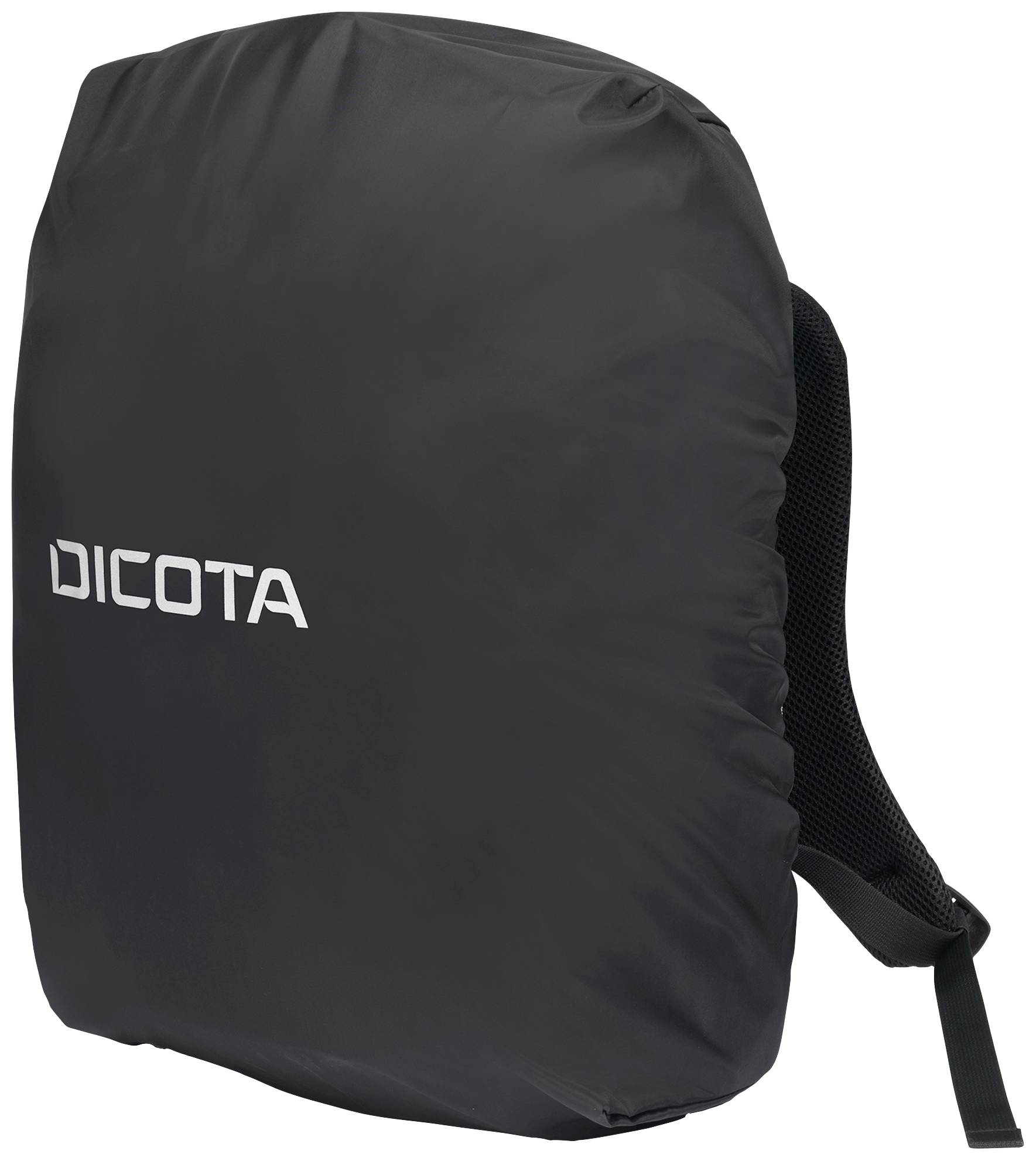 Schwarzer Regenschutz für Rucksack mit weißem 'Dicota'-Logo, schützende Hülle ideal für nasses Wetter.