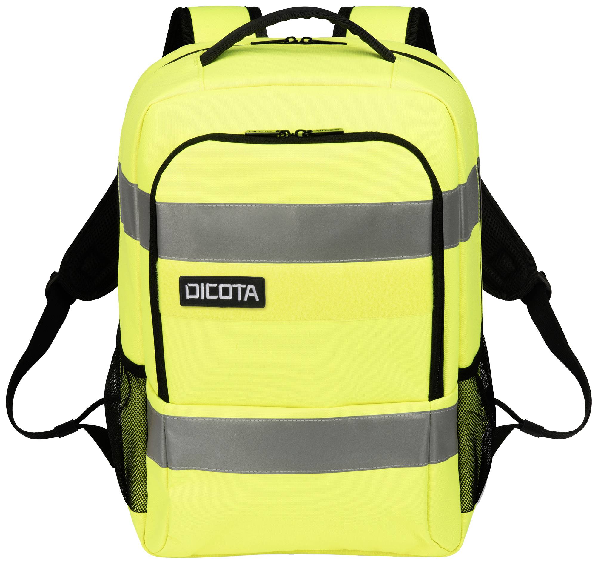 Ein gelber Rucksack mit grauen reflektierenden Streifen und seitlichen Netztaschen. Das Logo 'DICOTA' ist auf der Vorderseite angebracht.