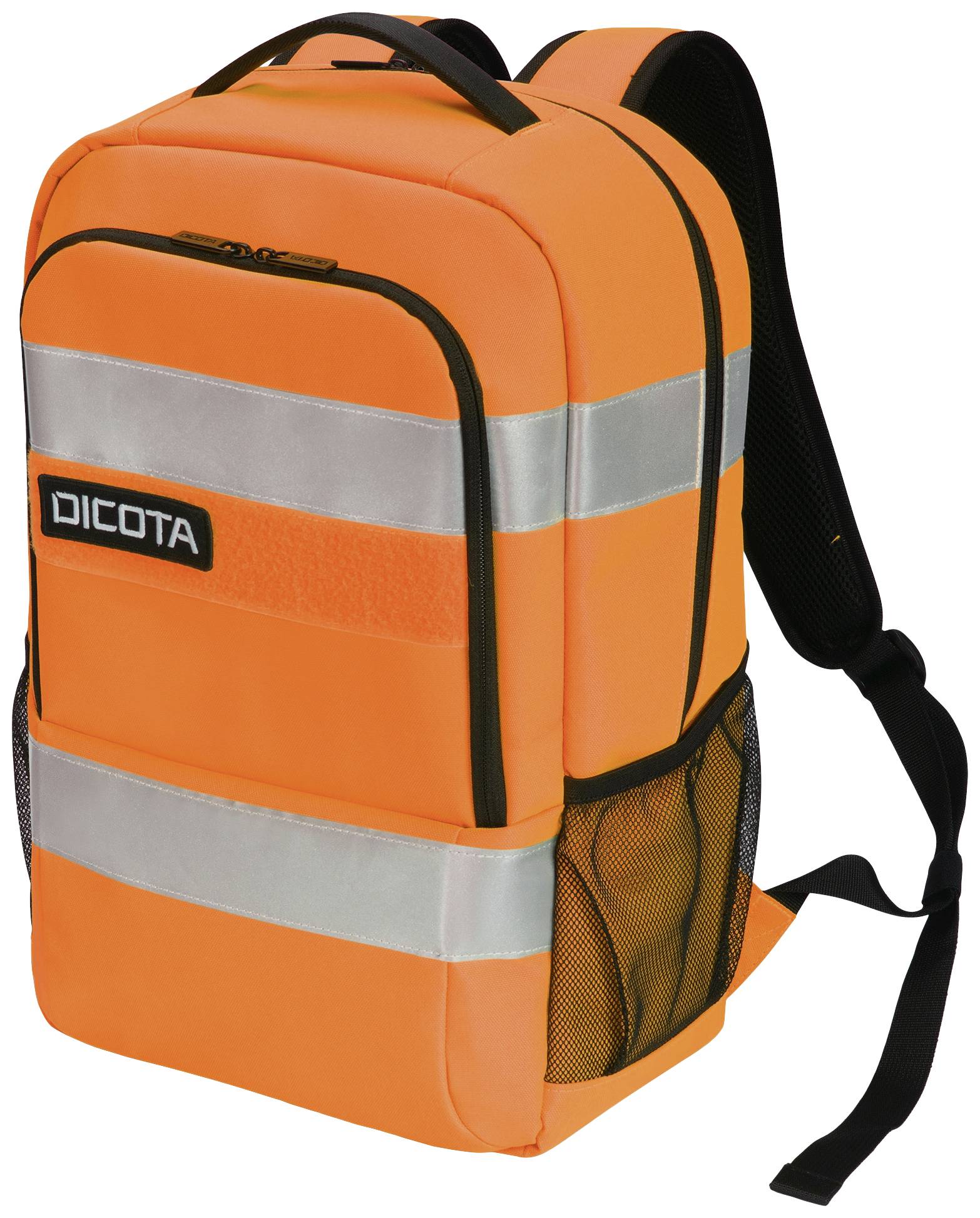 Leuchtend orangefarbener Rucksack mit reflektierenden Streifen, Seitentaschen und schwarzem DICOTA-Logo. Geeignet für gute Sichtbarkeit.