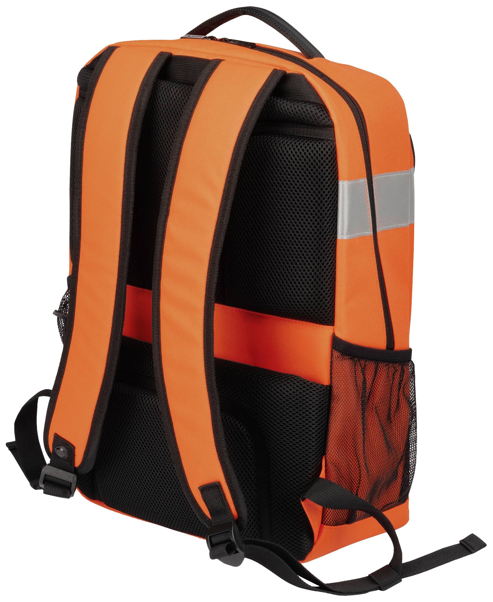 Ein orangefarbener Rucksack mit reflektierenden Streifen und Netzseitentaschen, geeignet für Outdoor-Aktivitäten.