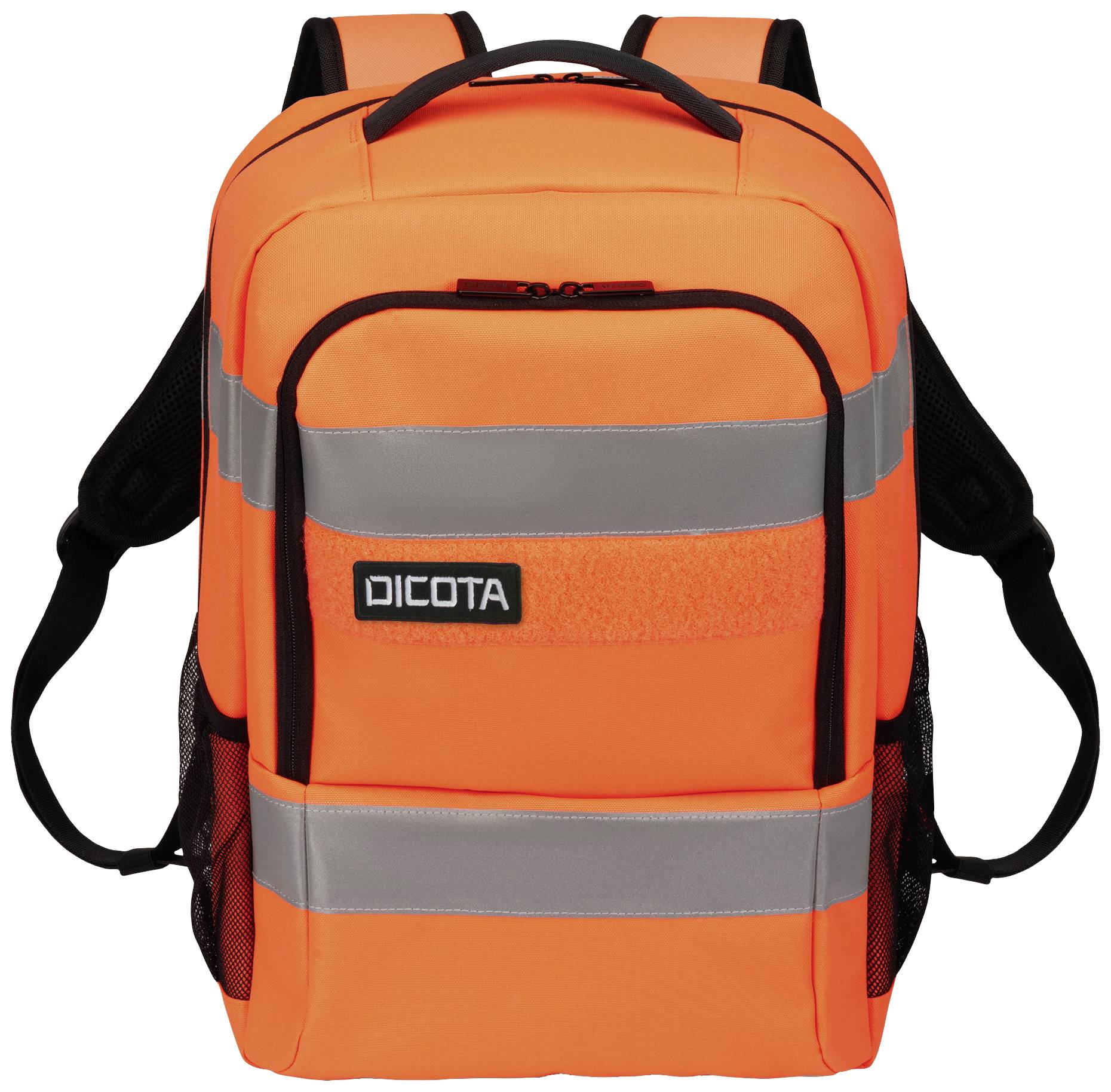 Der Rucksack ist hellorange mit reflektierenden Streifen und einem schwarzen Reißverschluss. Auf der Vorderseite steht 'DICOTA'.