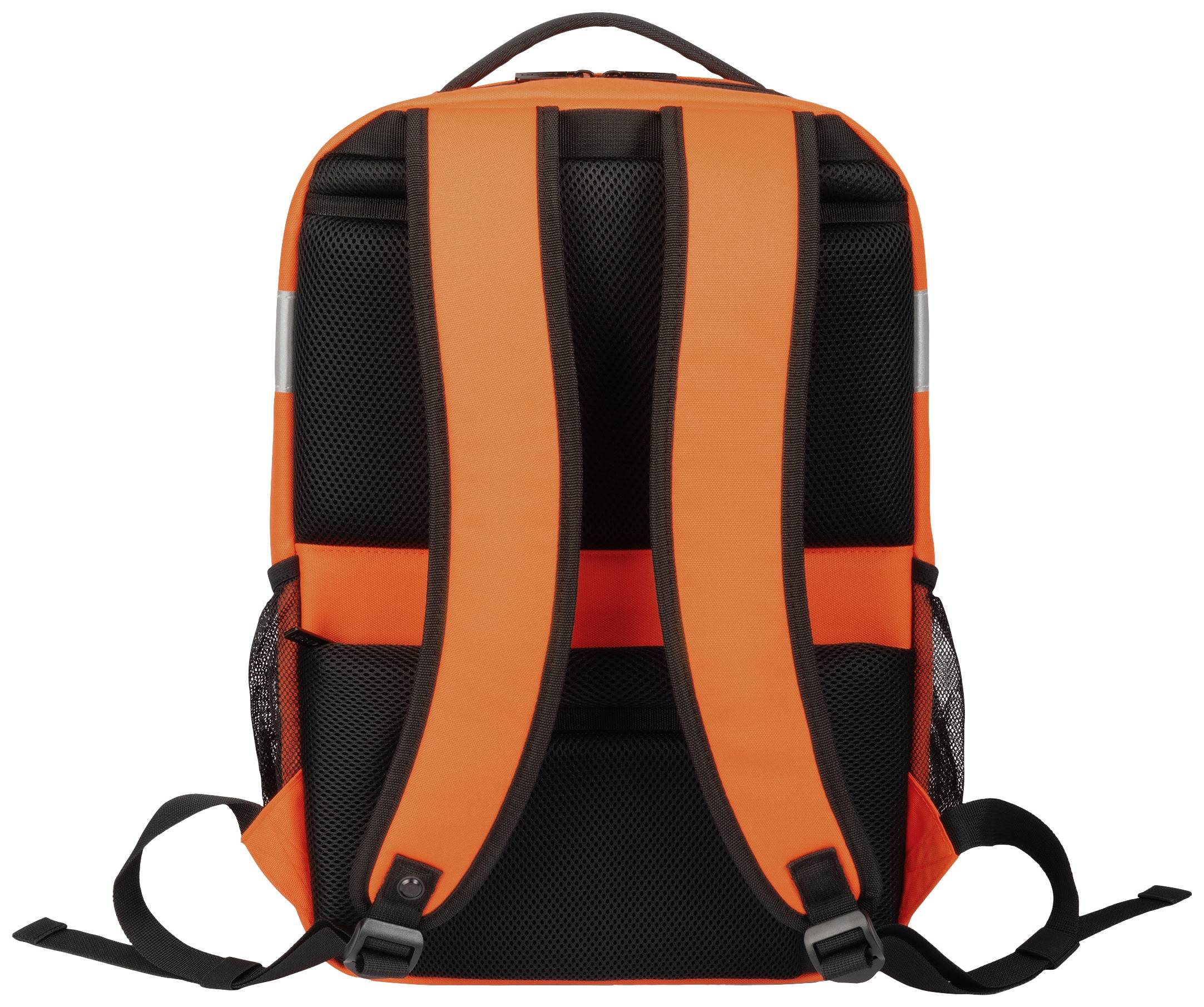 Oranger Rucksack mit schwarzen Trägern und Seitentaschen, Rückansicht.