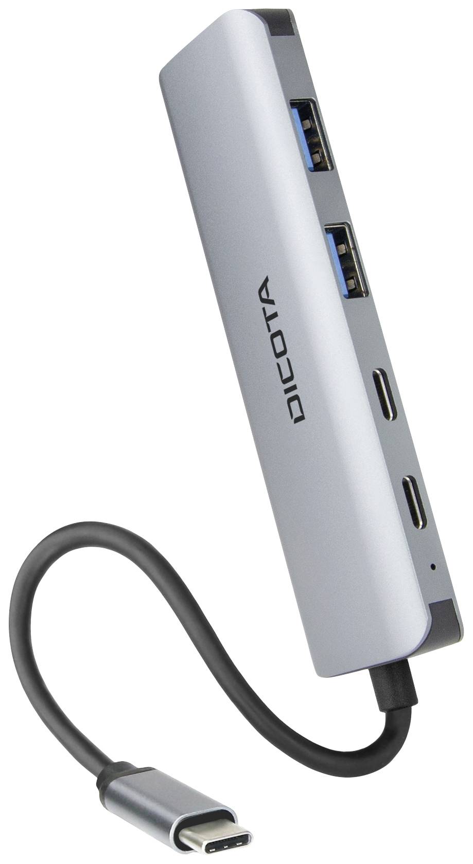 Ein silberner USB-C-Hub mit mehreren Anschlüssen, darunter USB und HDMI.