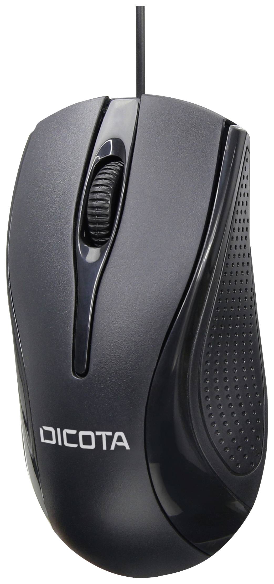 Computermouse mit Kabel, schwarzes ergonomisches Design mit sichtbarem Scrollrad, markiert mit 'Dicota'.