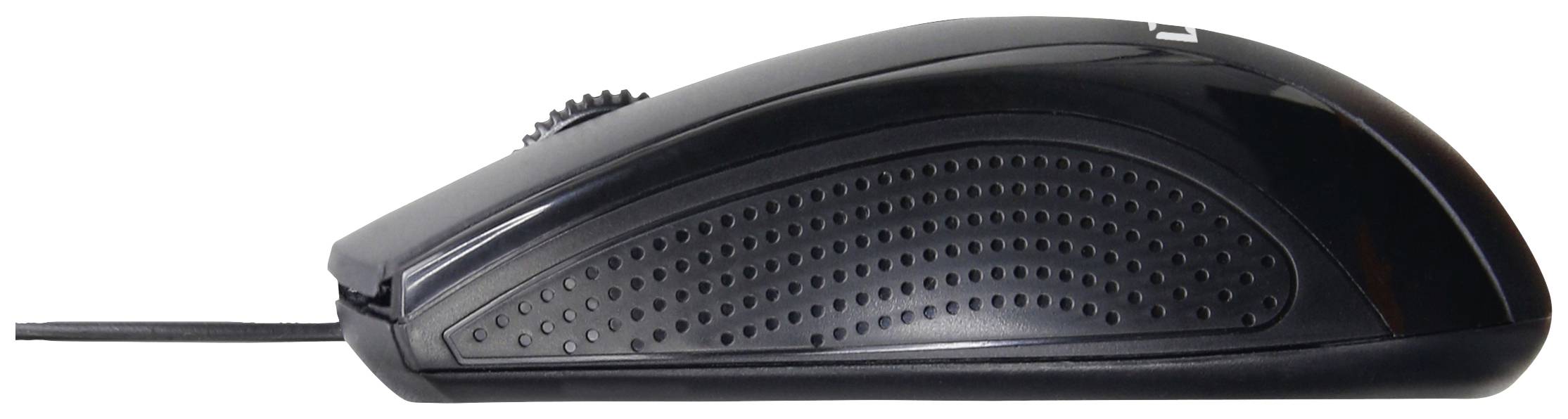 Schwarze Computermaus mit Kabel, seitlich betrachtet. Ergonomisches Design mit strukturierten Seiten für besseren Halt.