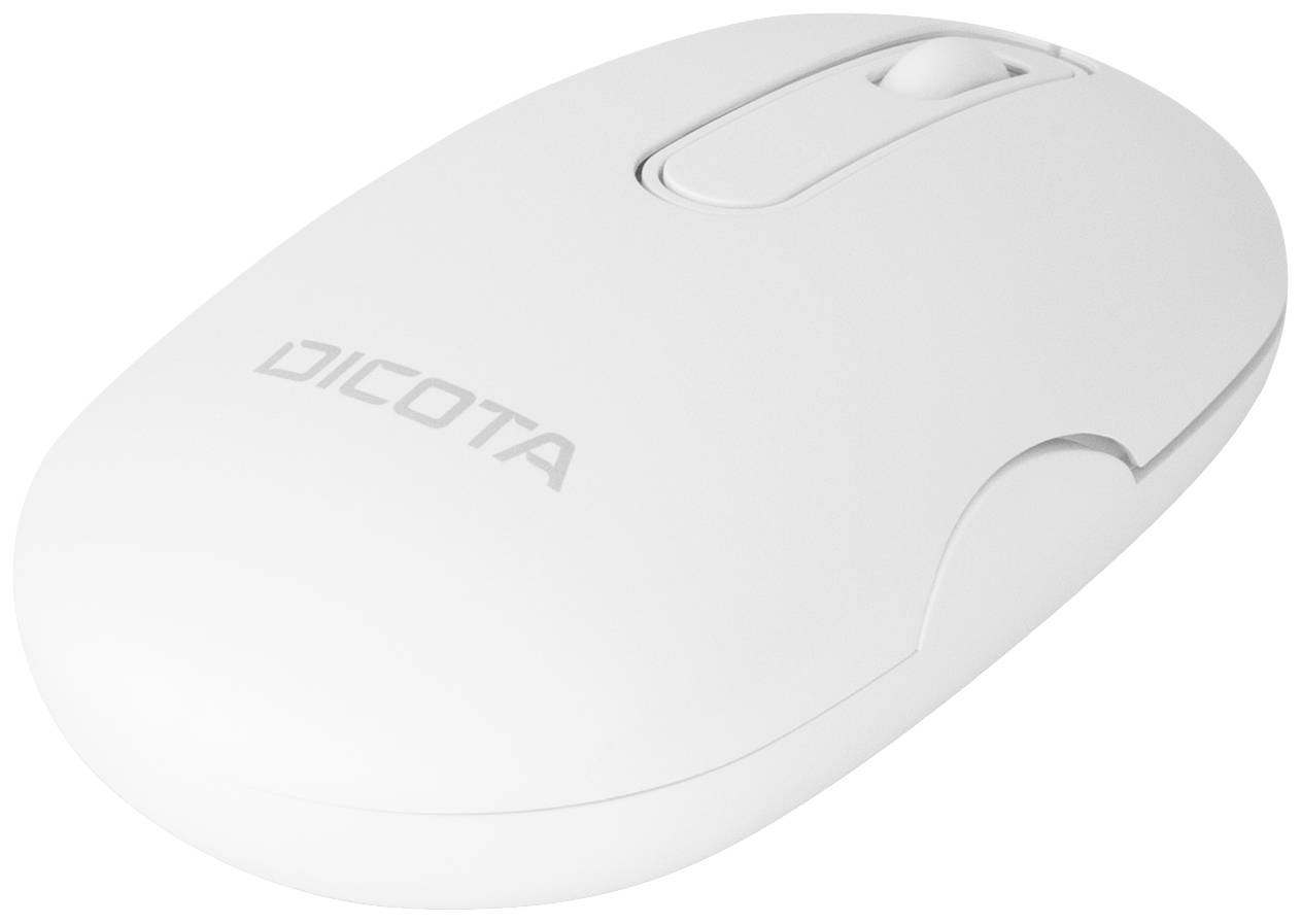 Weiße Computermaus mit einem Markenschriftzug an der Seite, schlichtes Design mit einem Scrollrad oben.