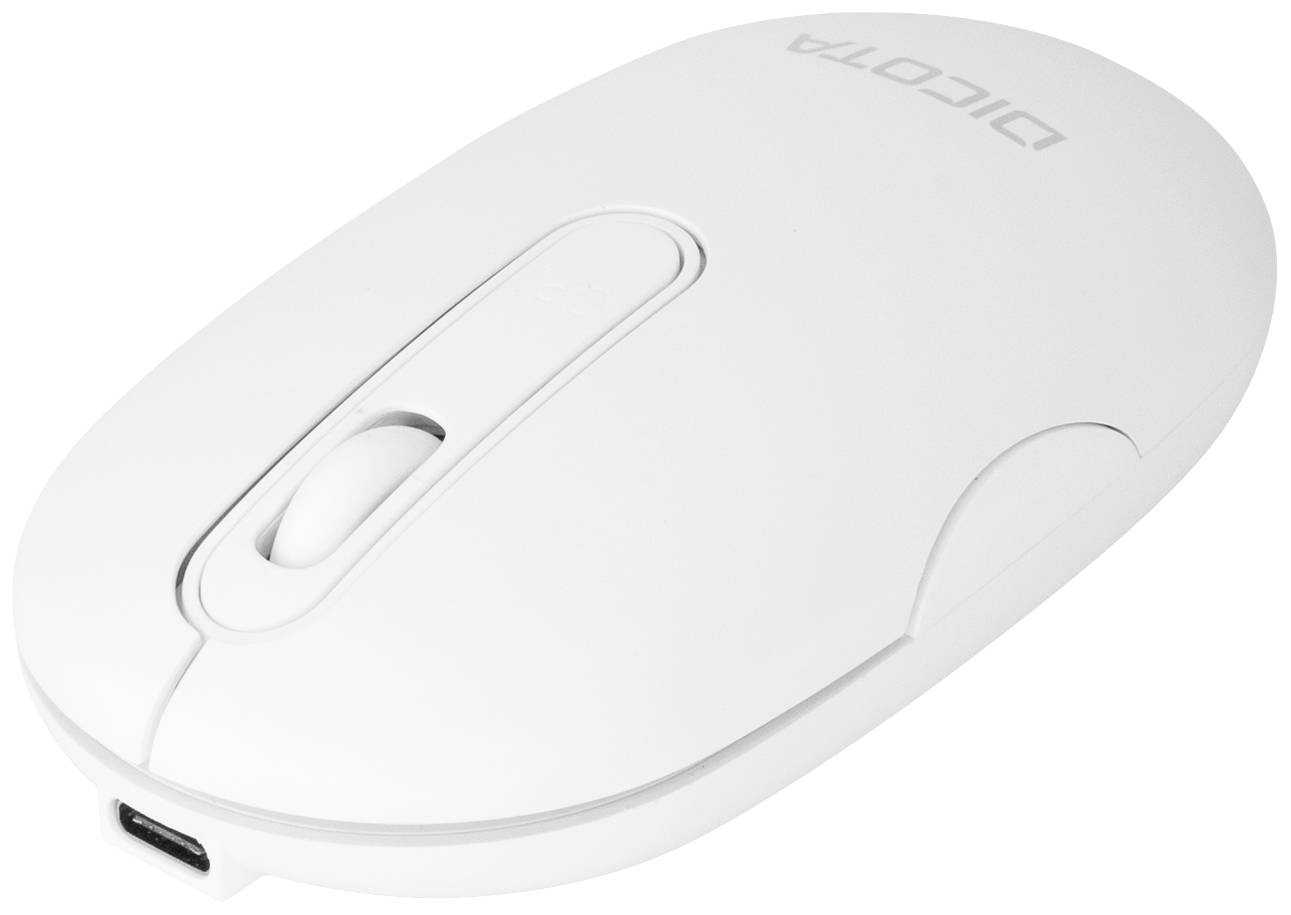 Weiße kabellose Computermaus mit glatter Oberfläche und integriertem USB-C-Anschluss, Markenname 'Dicota' sichtbar.