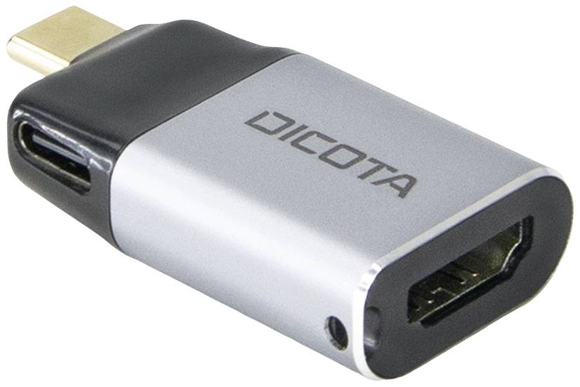 Ein silberner und schwarzer USB-C-zu-HDMI-Adapter mit der Aufschrift 'DICOTA'.