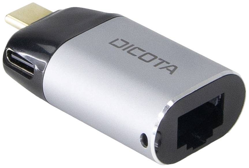 USB-C-auf-Ethernet-Adapter in Silber mit schwarzem Ende. Markierung 'DICOTA' auf der Seite. 사용 가능한 컨버터 포트는 USB-C 및 Ethernet입니다.