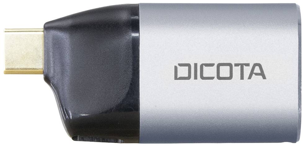USB-C-Adapter von Dicota, schwarz-silbernes Gehäuse. Verwendet zum Verbinden von USB-C-Geräten mit anderen Anschlüssen.