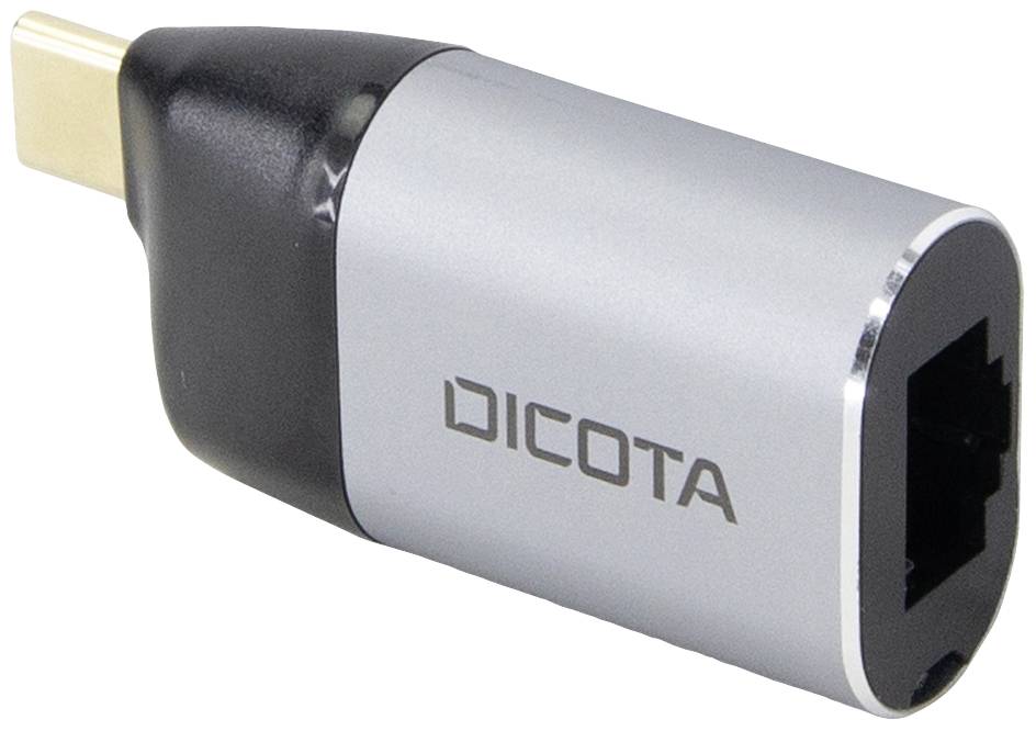 USB-C-zu-Ethernet-Adapter in Schwarz und Silber mit dem Aufdruck 'DICOTA'.