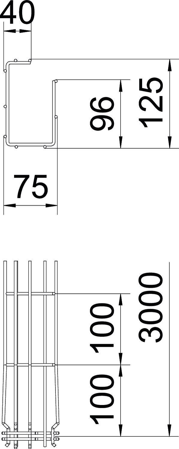Technische Zeichnung eines rechteckigen Rohrs mit Bemaßung. Seitliche Ansicht zeigt Maße: 40x75mm Querschnitt, 3000mm Länge.