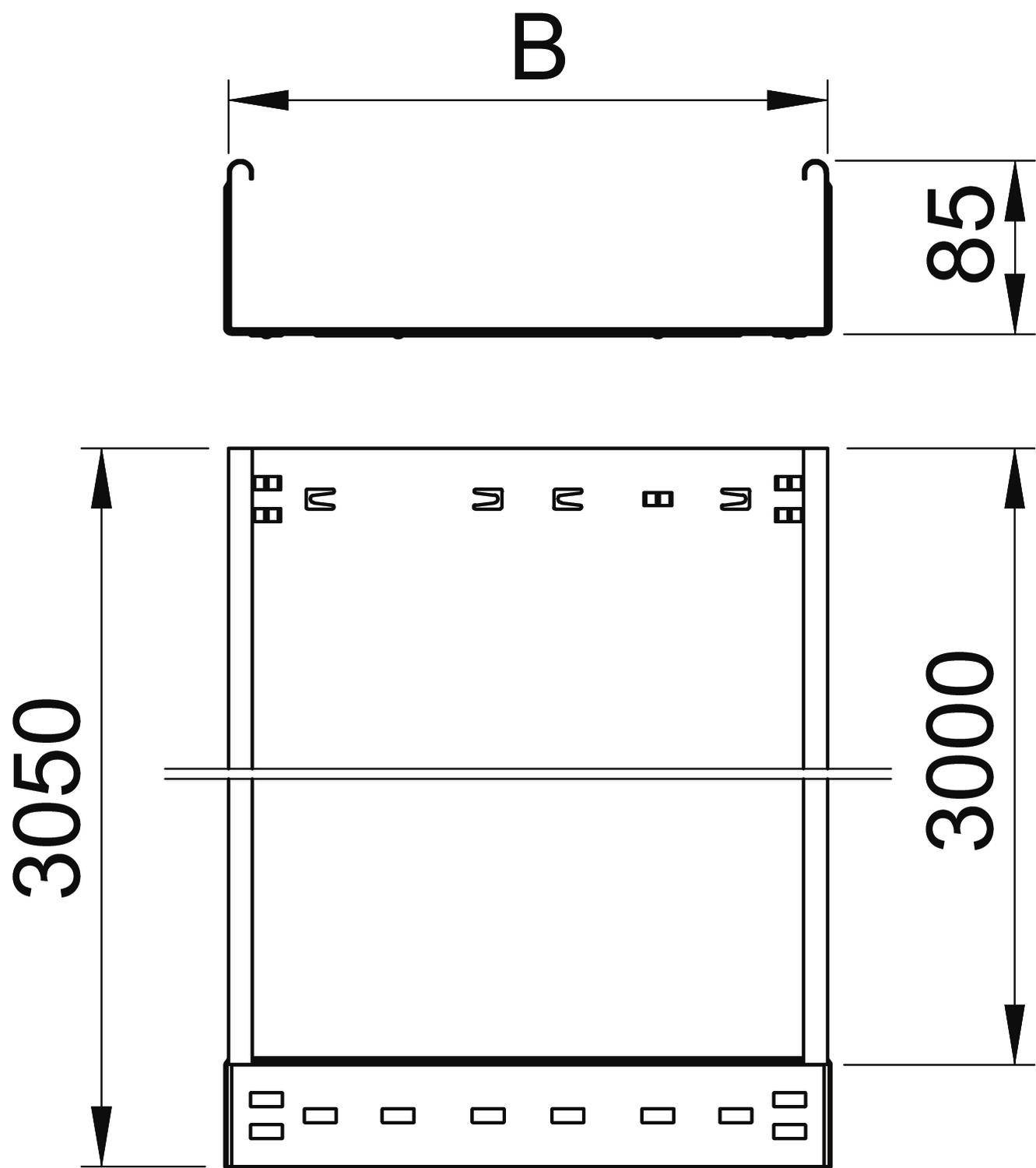 Technische Zeichnung eines rechteckigen Bauteils mit Maßen: Breite ('B'), Höhe 3050 mm, Höhe 85 mm oben und 3000 mm unten.