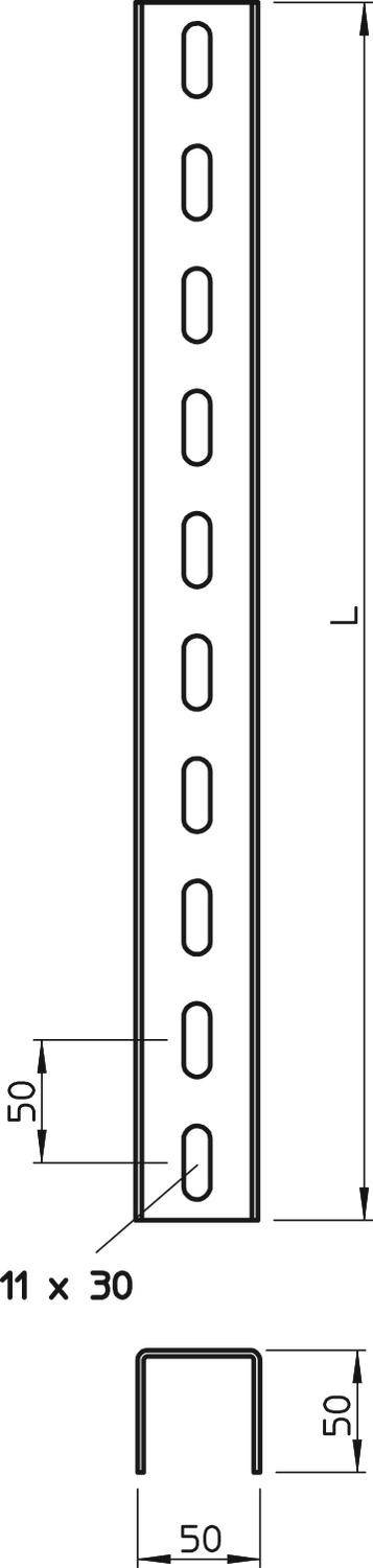 Technische Zeichnung eines C-Profils mit Maßen: Länge 'L', Breite 50 mm, Löcher 11 x 30 mm, Querschnitt zeigt U-Form.