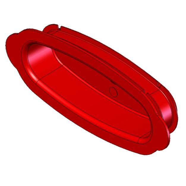 Rotes Kunststoffformteil, ovale Form, von oben betrachtet.