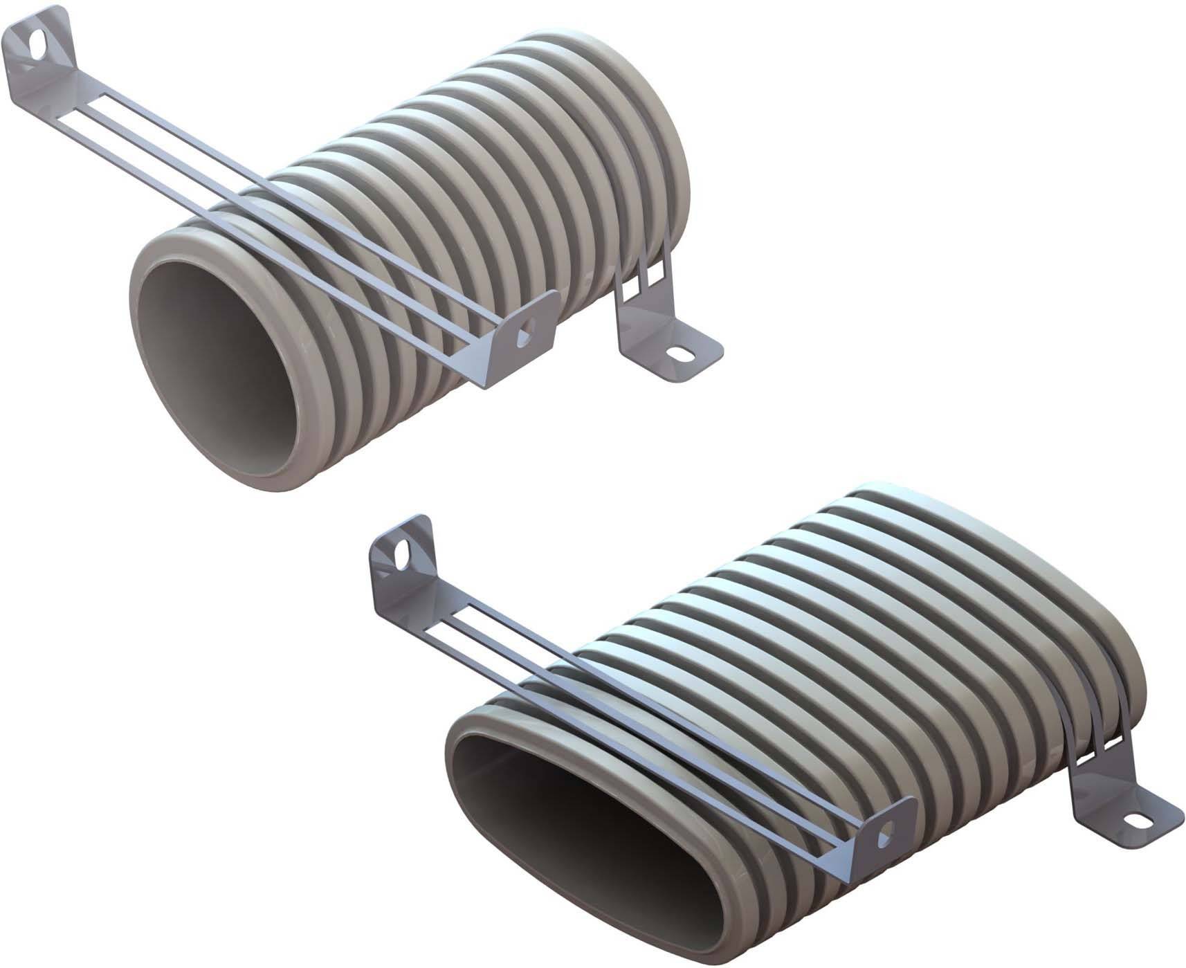 Zwei große zylindrische Lüftungsschläuche mit flexiblen Ringen und Metallhalterungen, die eine Verbindung zur Befestigung ermöglichen.