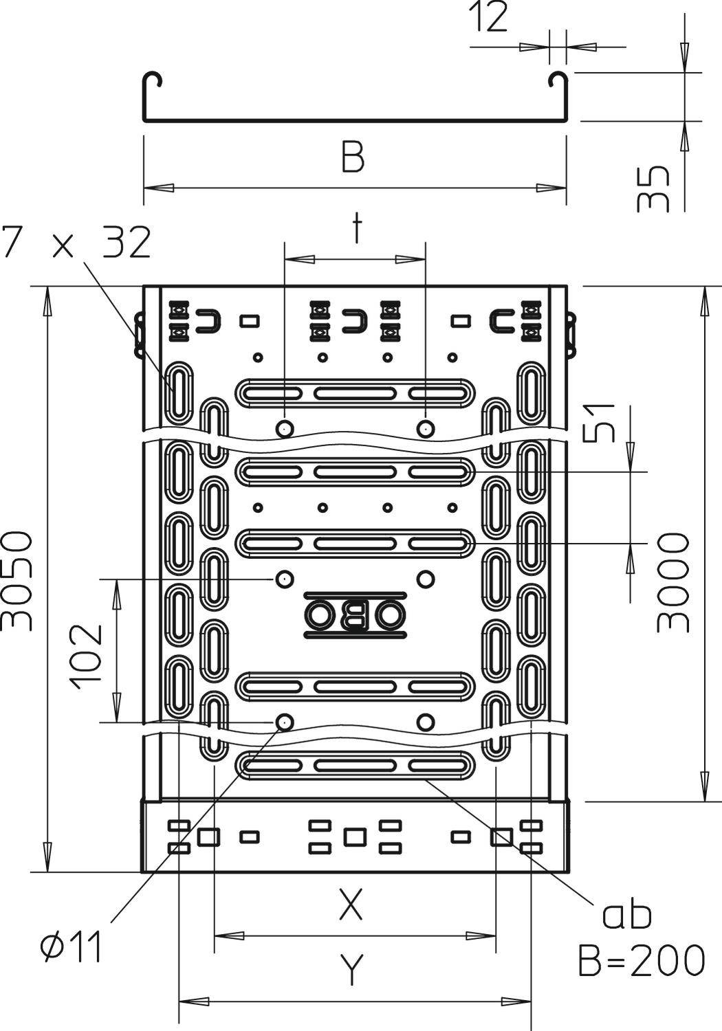 Technische Zeichnung eines Bauteils mit Maßangaben in Millimetern. Enthält Markierungen, Linien, Öffnungen und eine obere Halterung.